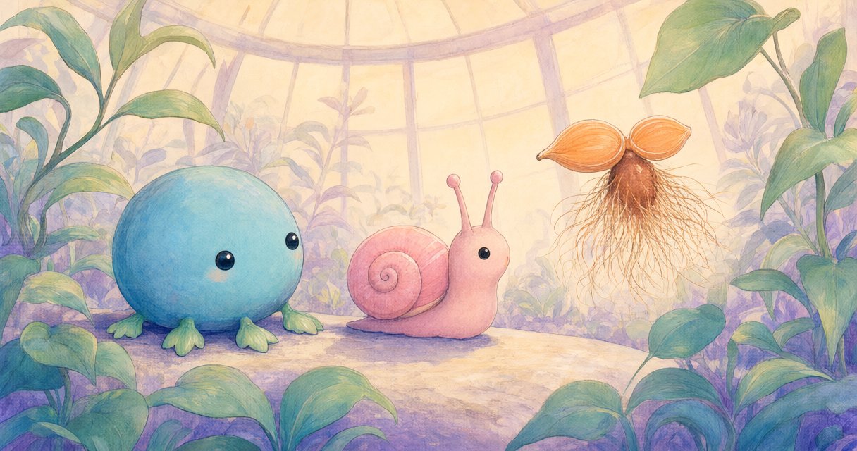 Three original botanical creatures—a pebble, a sprout snail and a floating seed—explore a sunlit glasshouse.